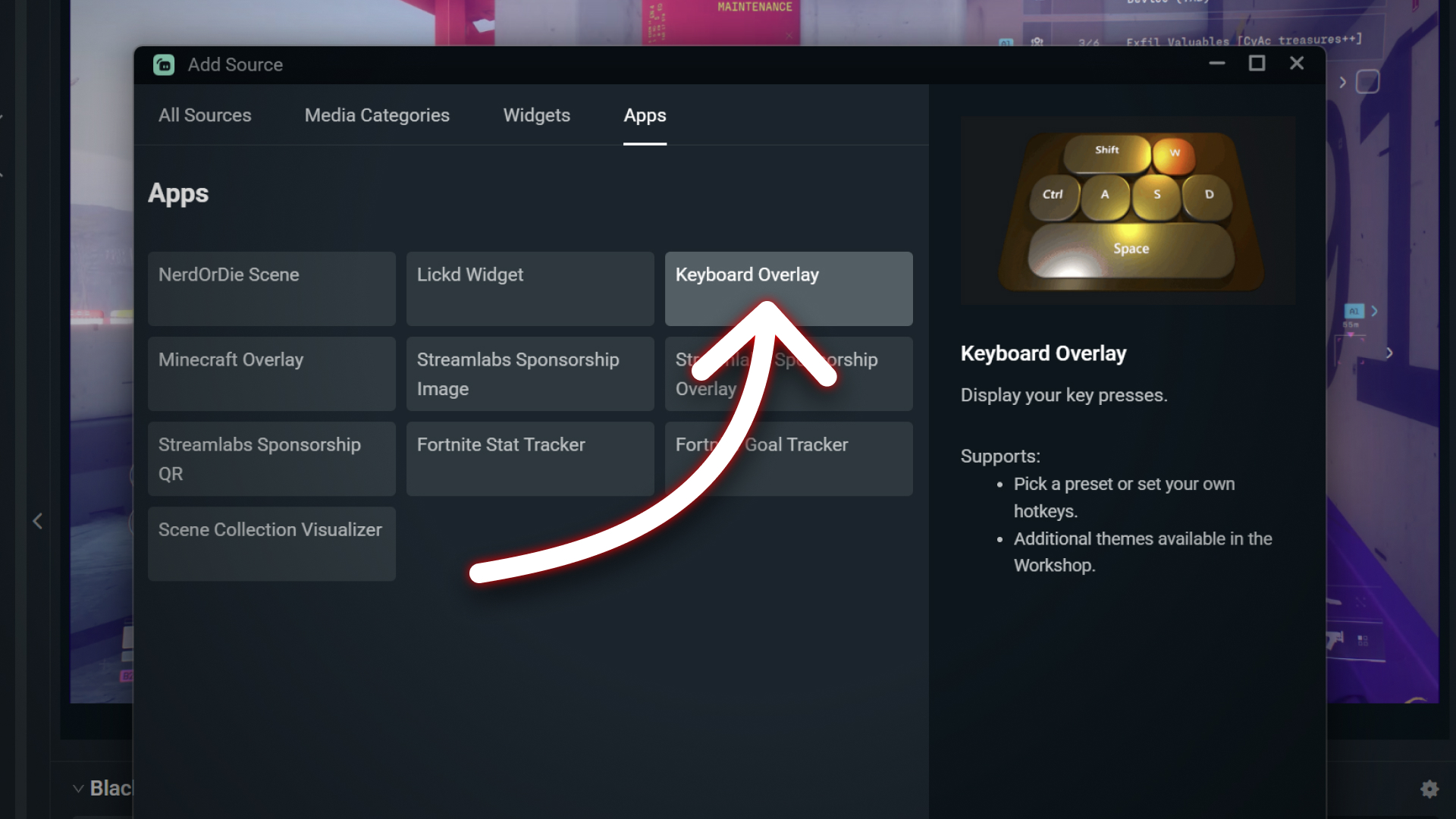 Adding keyboard overlay source in Streamlabs