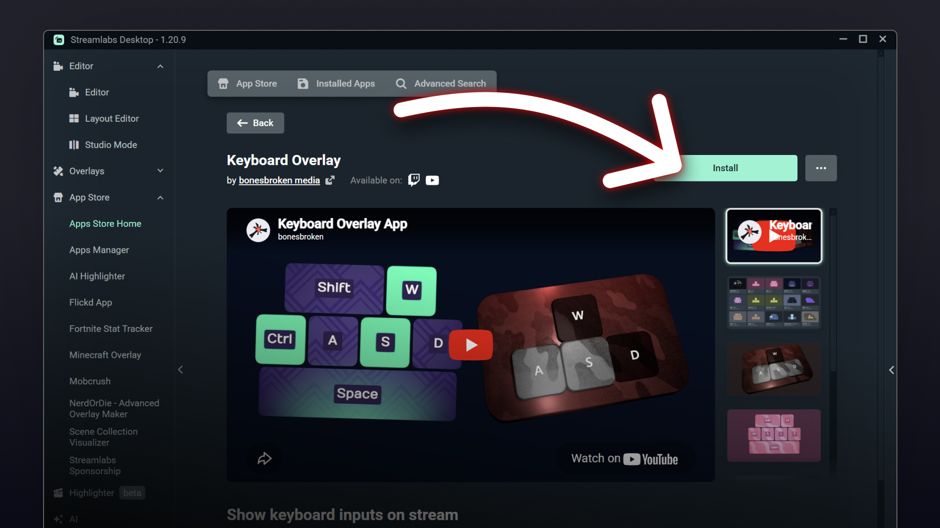 Installing keyboard overlay from Streamlabs App Store